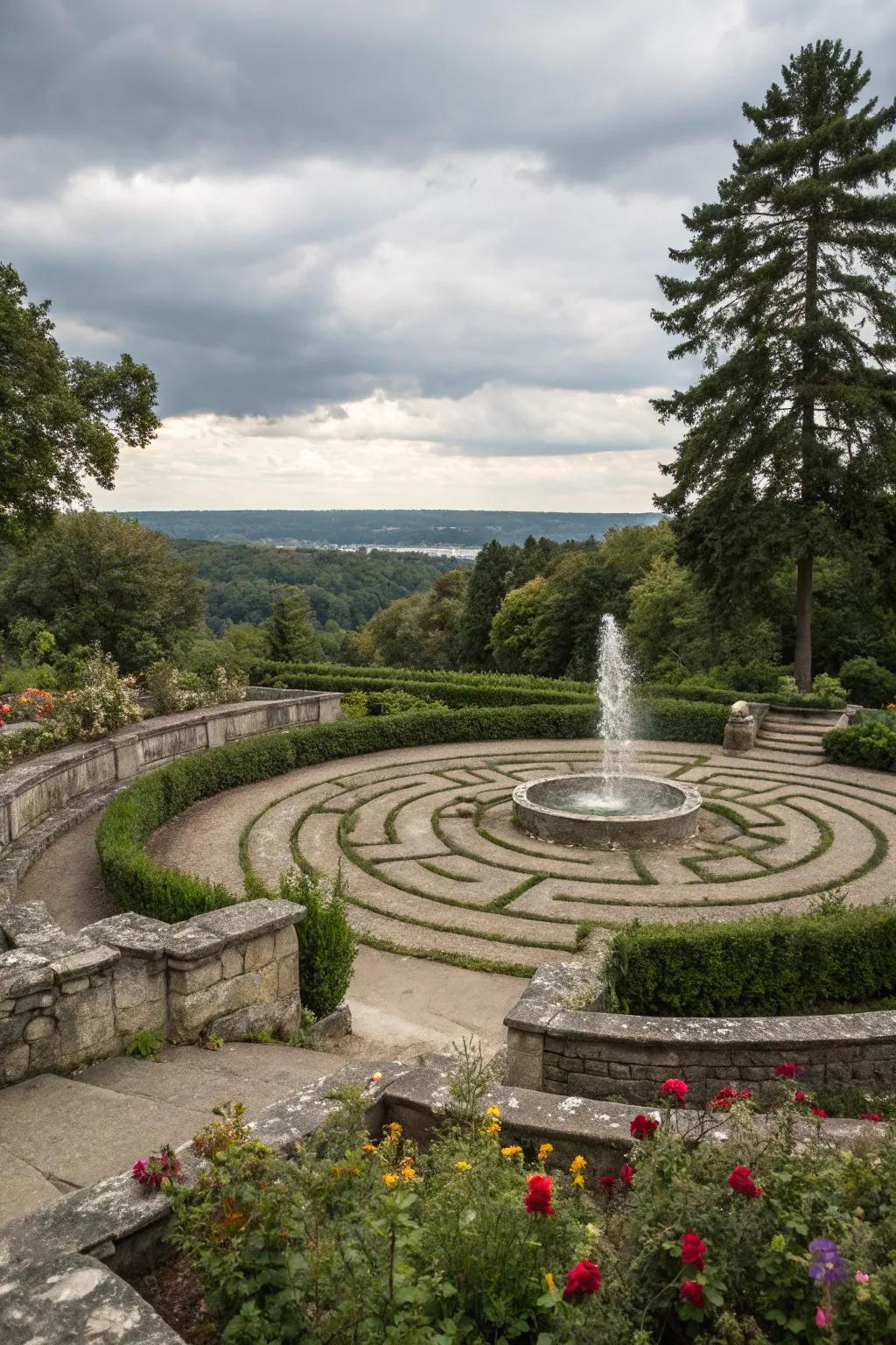 A water feature labyrinth enhances tranquility with soothing sounds.