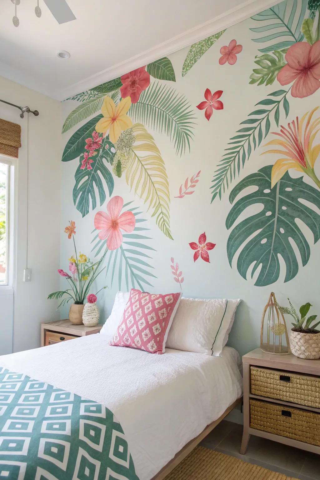 Tropical decals create a paradise-like atmosphere in this bedroom.