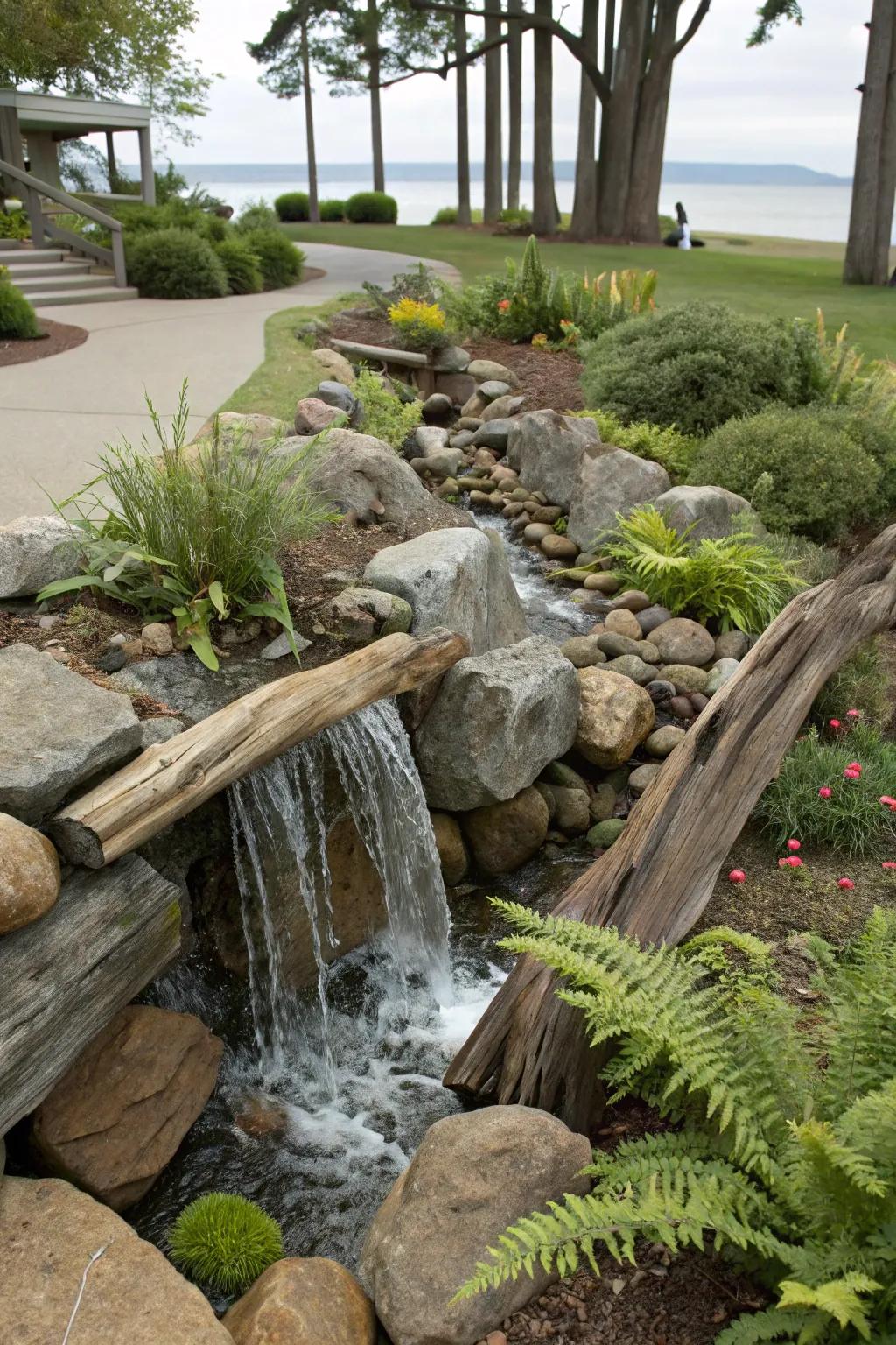 Driftwood adds rustic charm to your waterfall design.