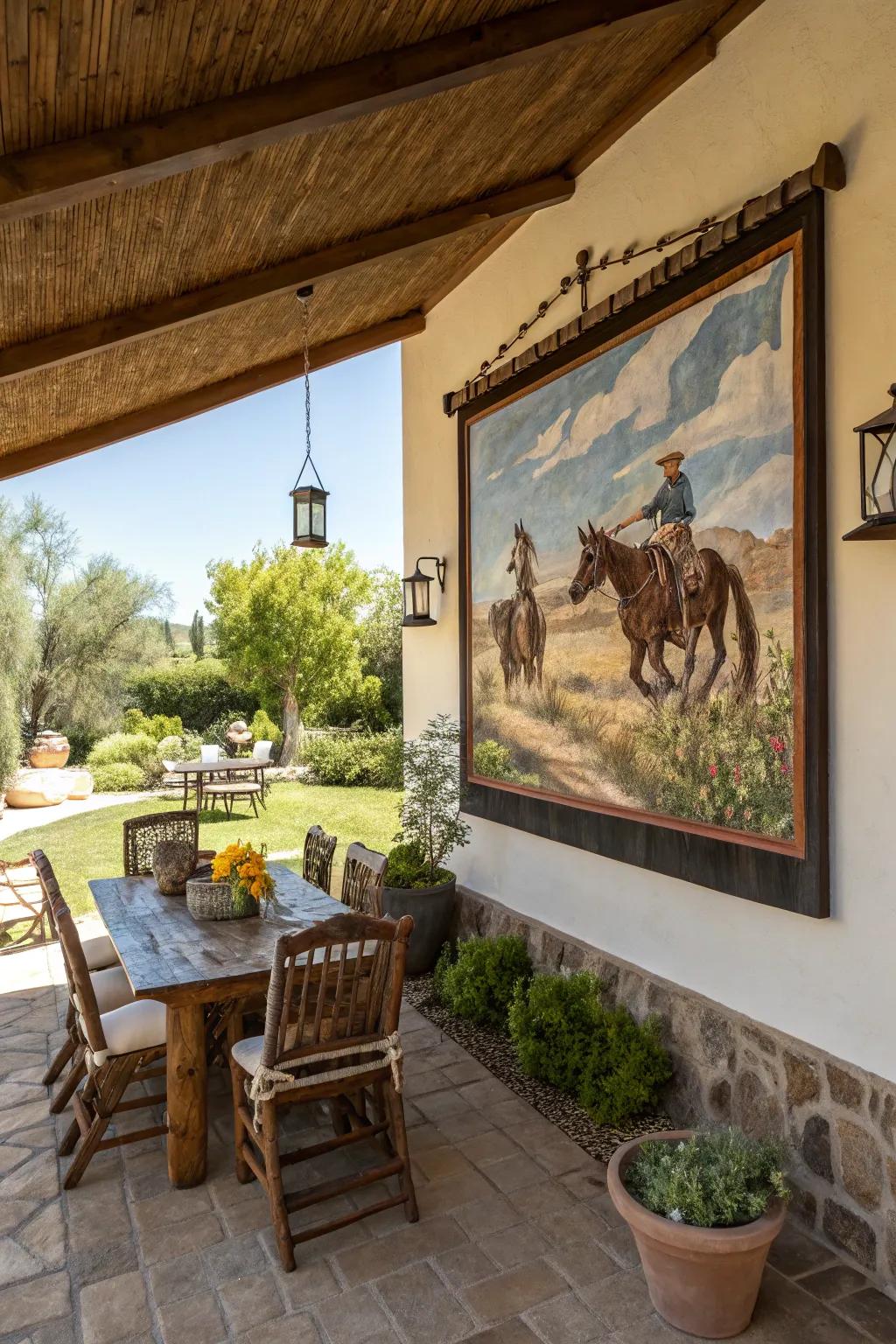 Western art enhances the theme of the patio.