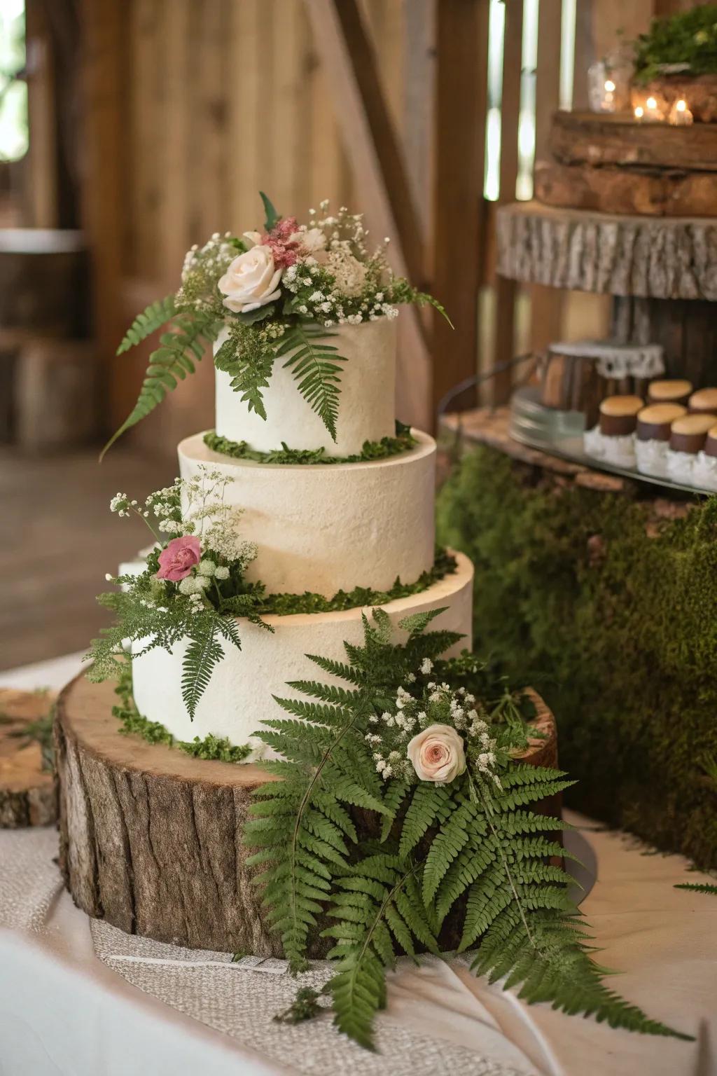 Cake with delicate ferns and flowers.