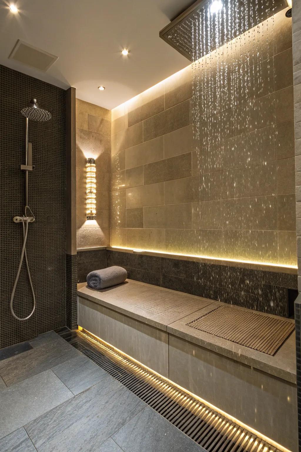 A built-in seat adds a spa element to the wet room.