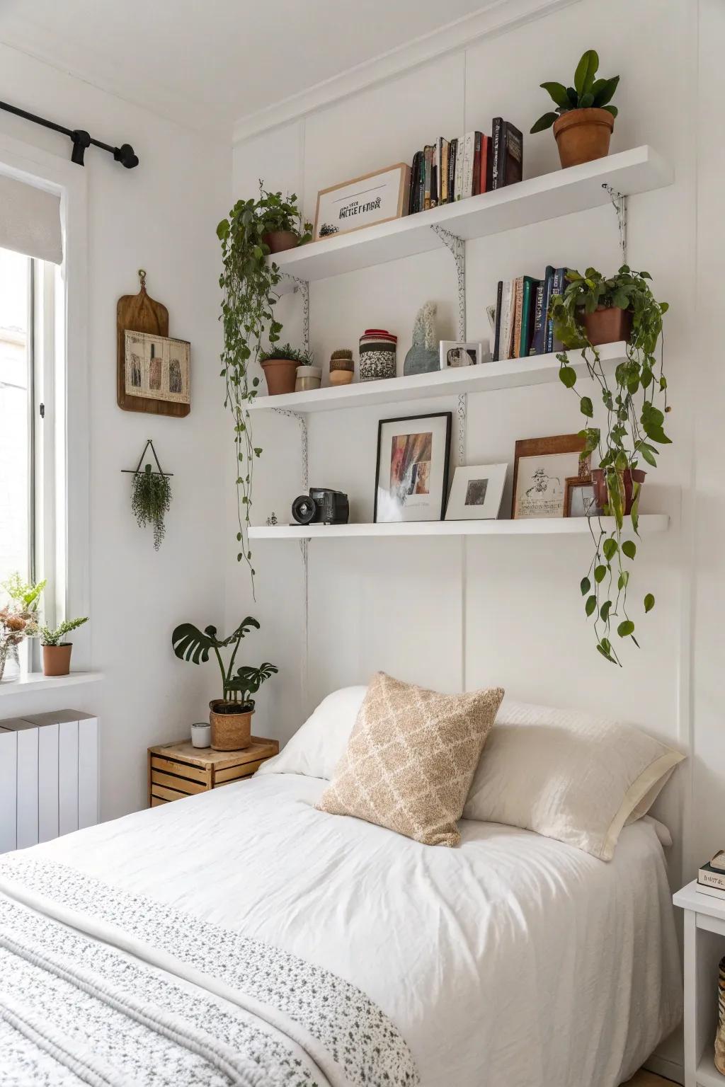 Floating shelves add function and style to a white bedroom.