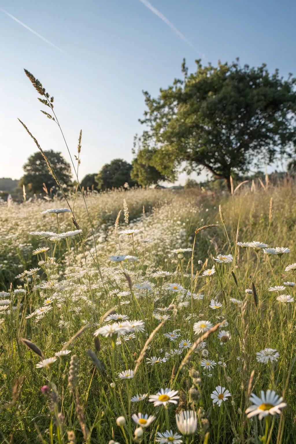 A white wildflower meadow adds a natural and whimsical touch to the garden.