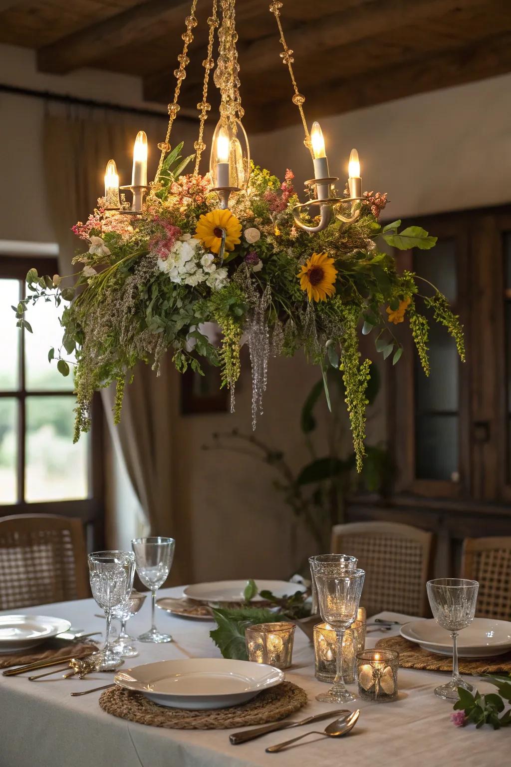 A wildflower-draped chandelier adds a magical touch to any space.