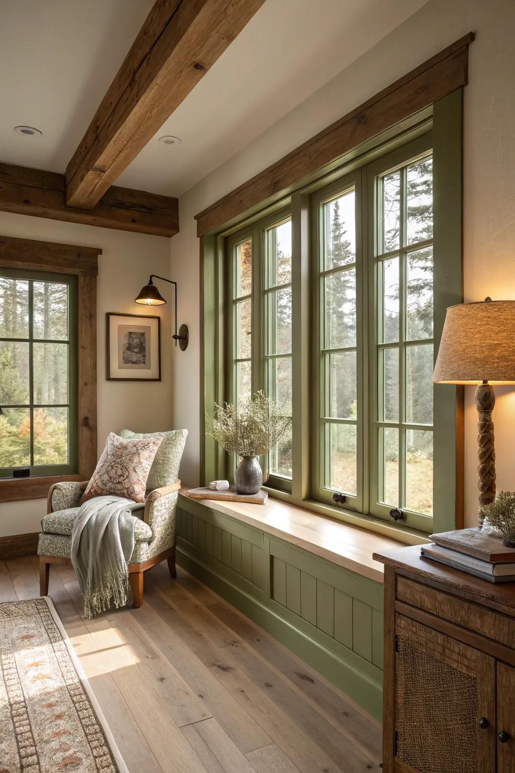 Olive green trim offers earthy warmth to a cozy room.