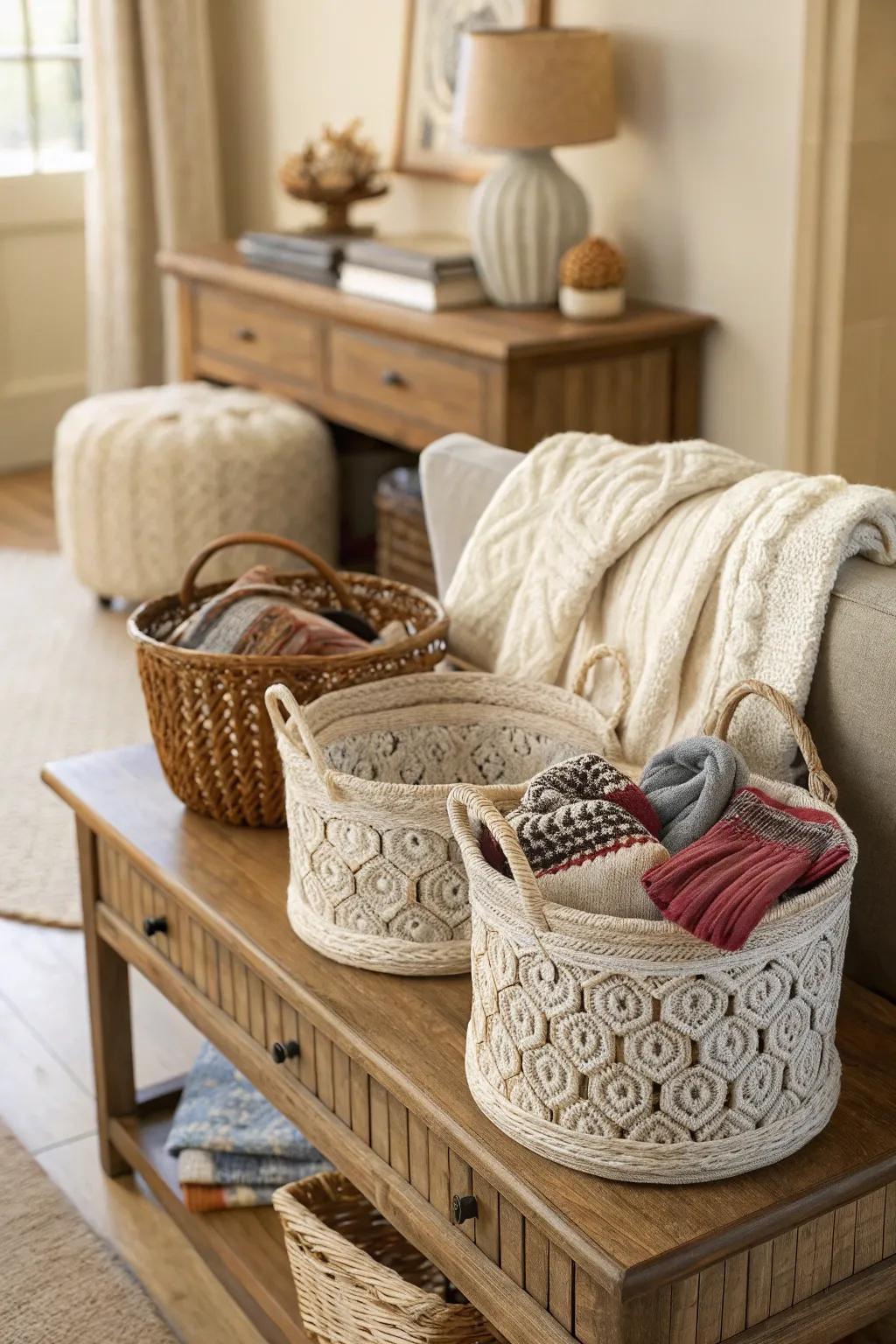 Consolidate style with capacity utilizing decorative baskets.