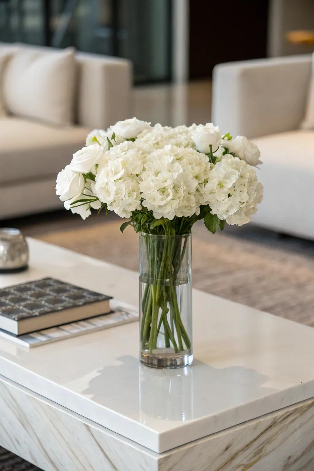 A minimalist white arrangement offers timeless elegance.