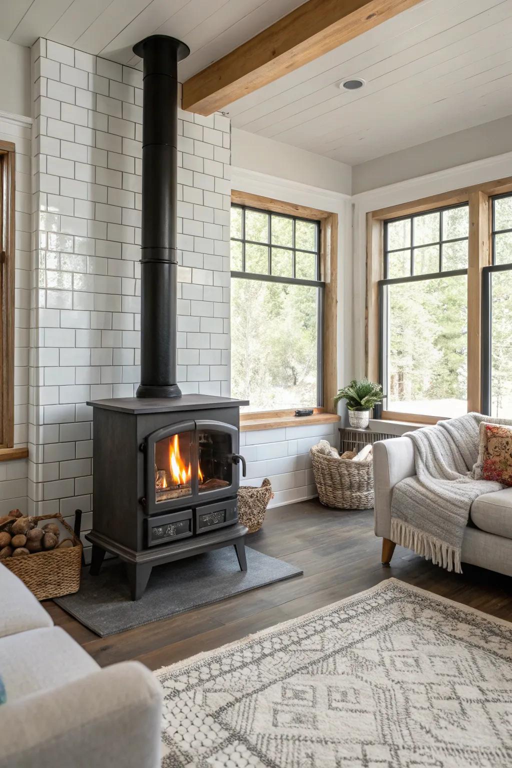 Subway tiles provide a sleek and sophisticated surround for your wood stove.