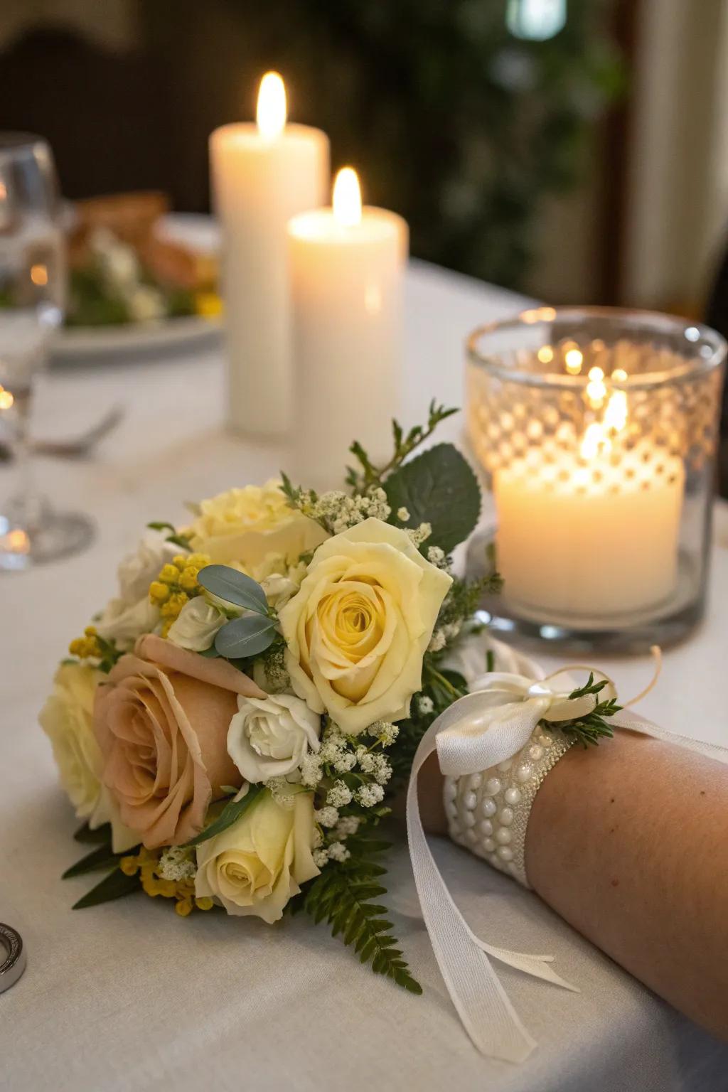 Romantic wrist adornment featuring candlelight-inspired colors.