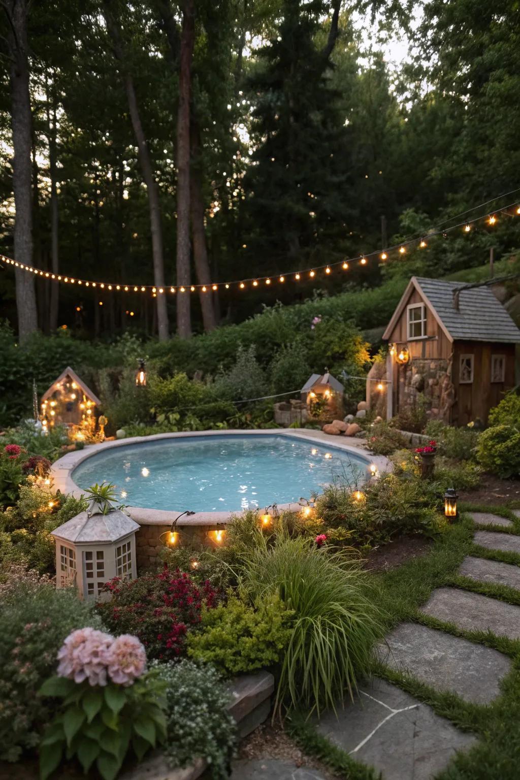 Transform your poolside into a magical fairy garden for a whimsical touch.