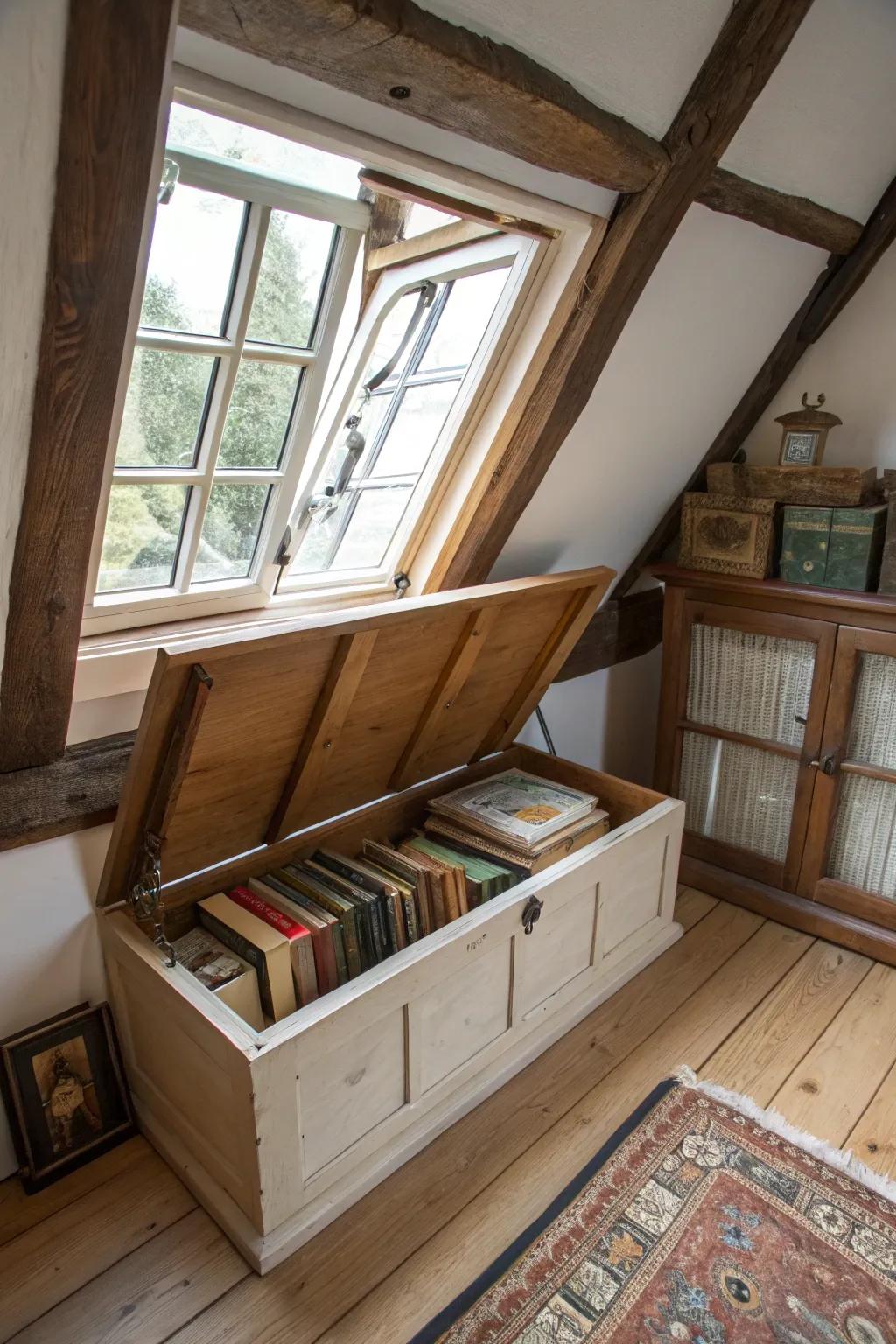 A window seat with storage adds comfort and utility to your attic.