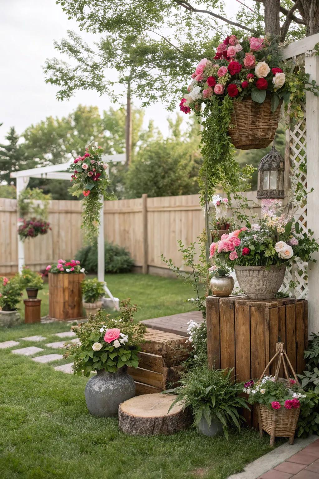 Nature-inspired decor enhances the backyard's natural charm.