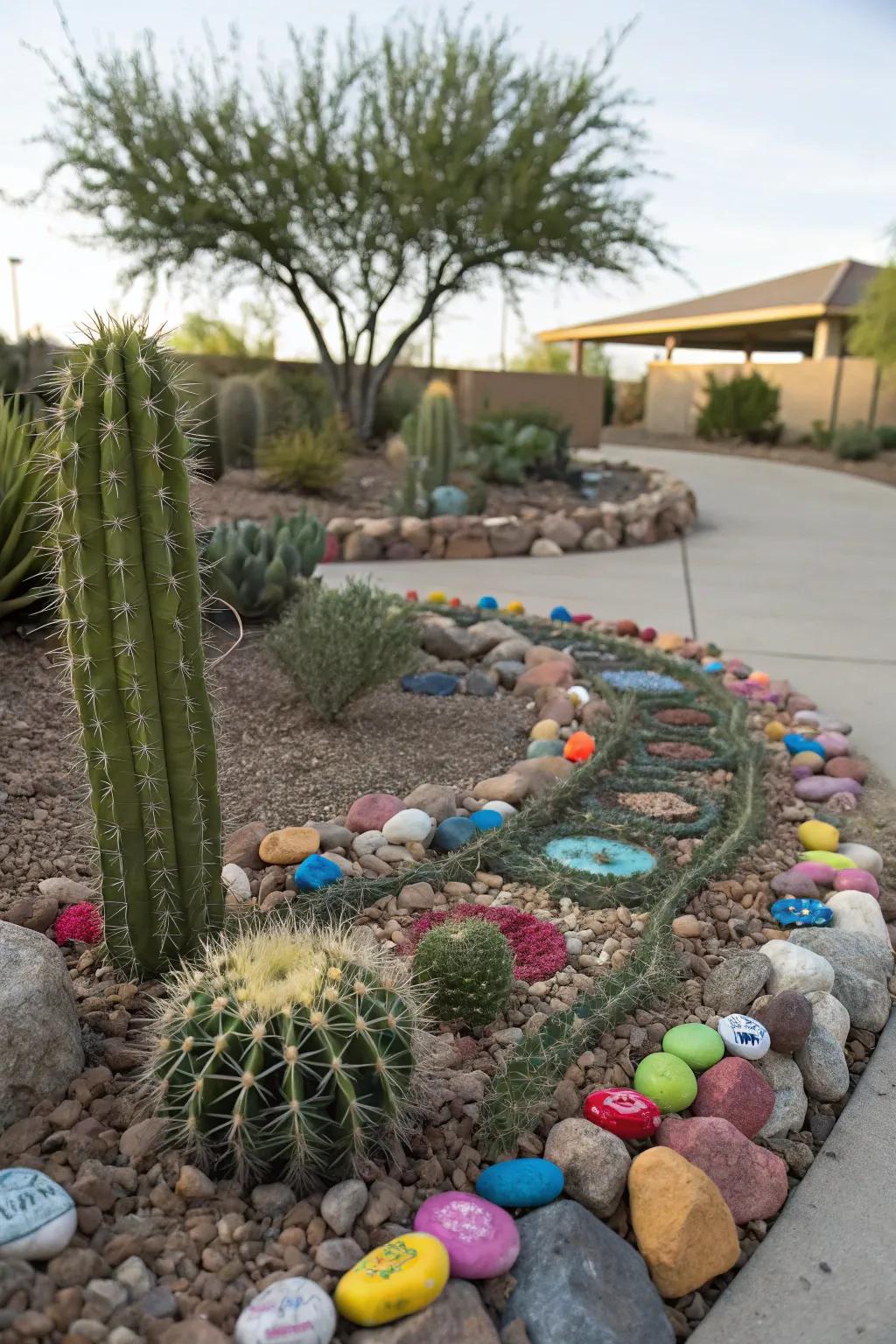 Colorful stones around cacti add vibrant patterns and textures.