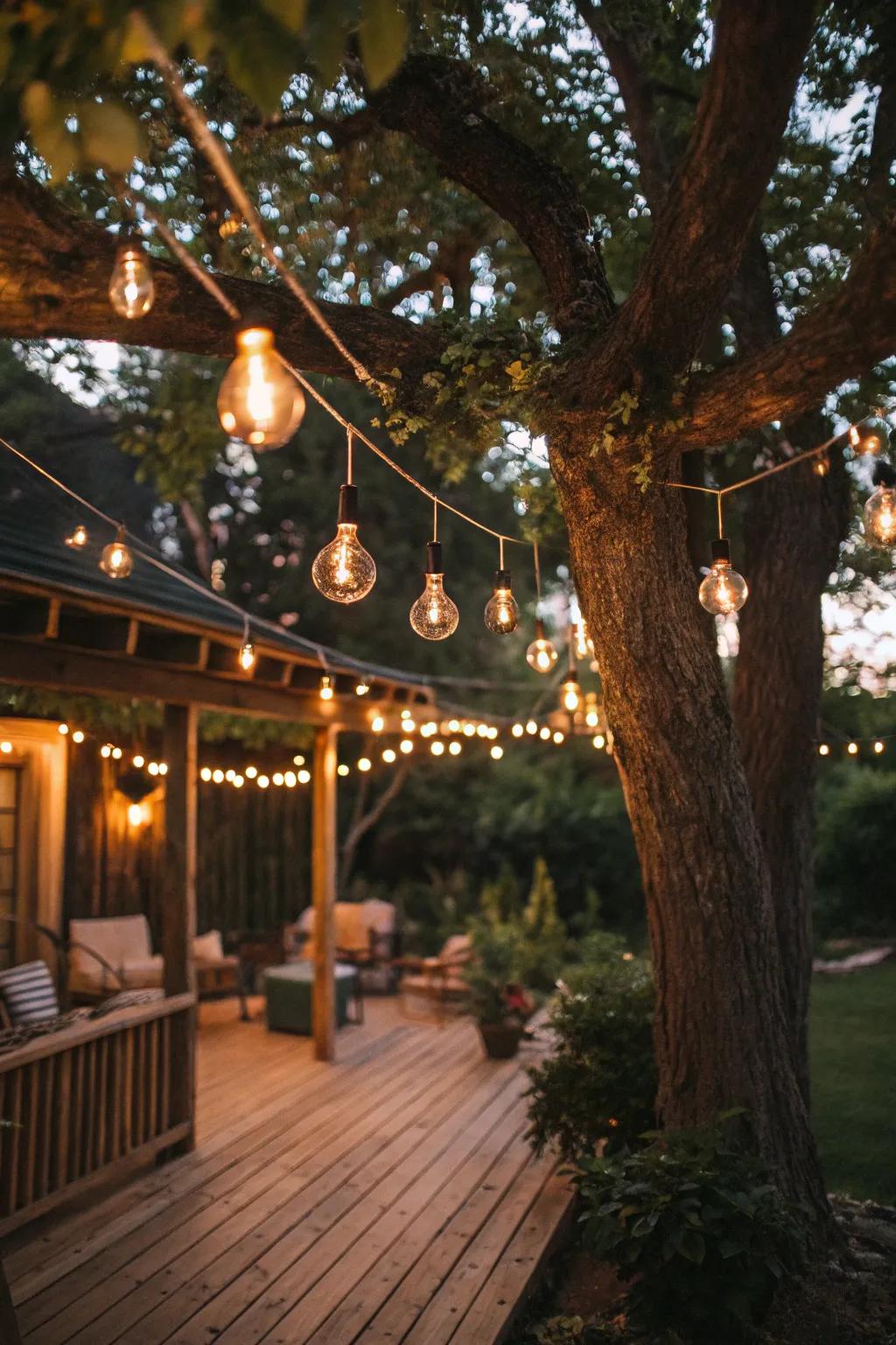 Dangling twinkle lights append a whimsical surprise to your garden.