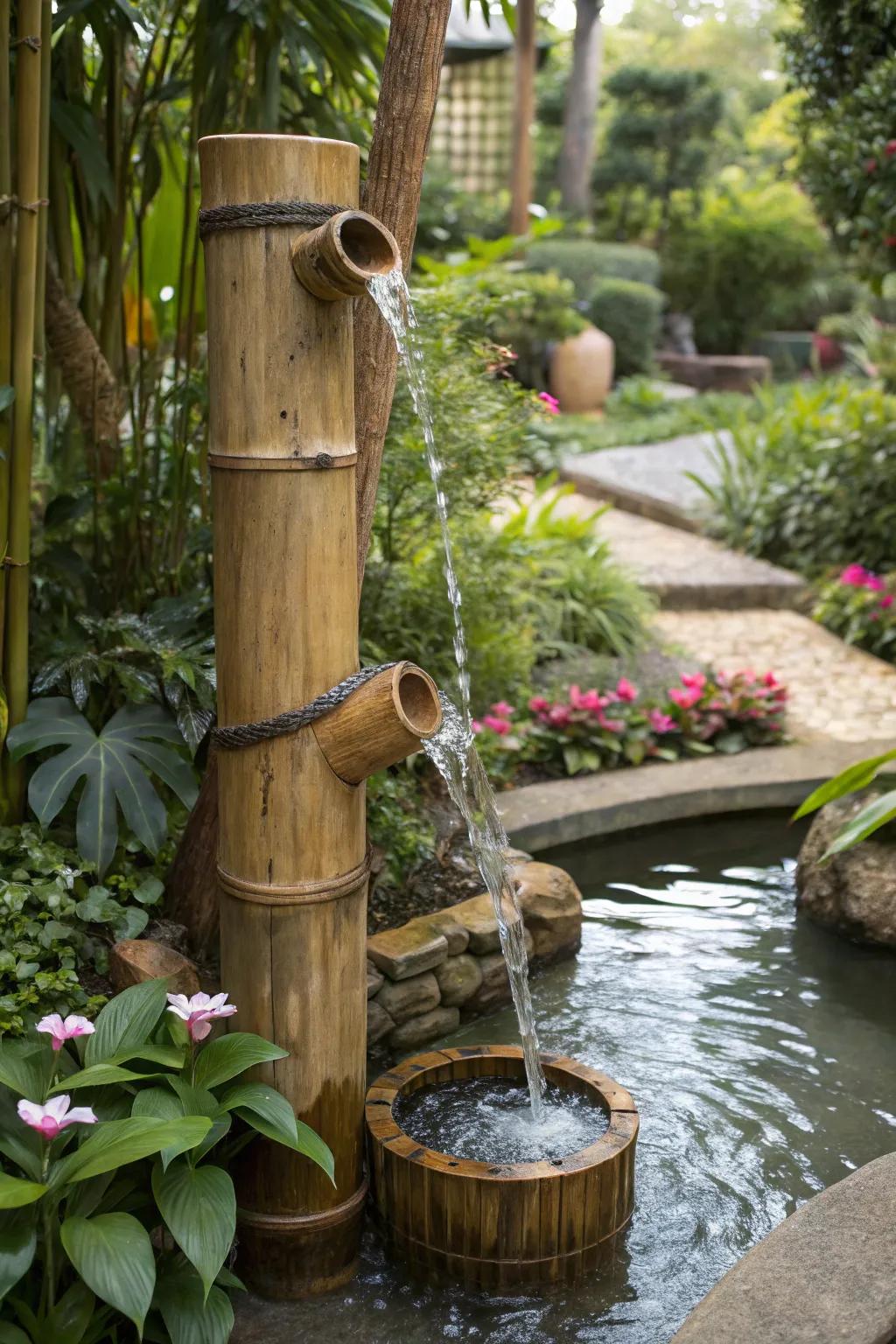 An artistic bamboo spiral fountain with enchanting water patterns.