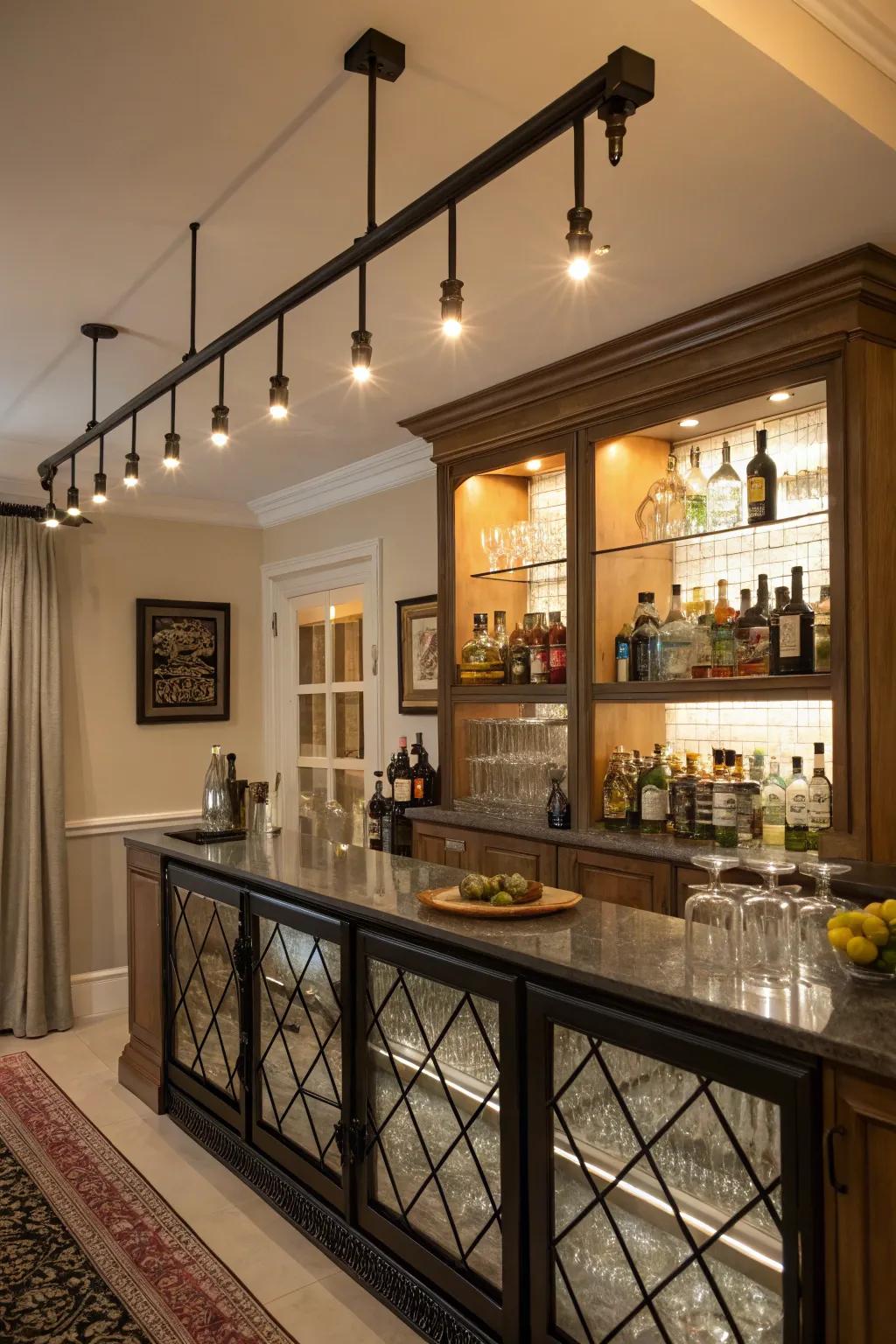 Track lighting offers flexibility and focus in the bar.