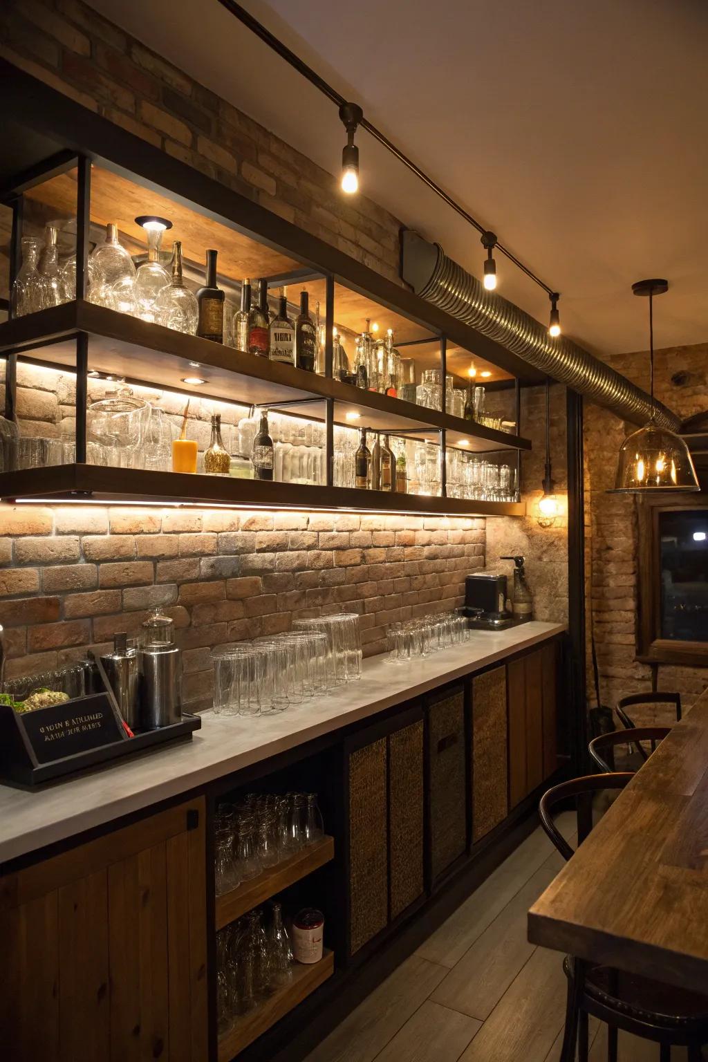 Floating shelves add an airy, open feel to your basement bar.