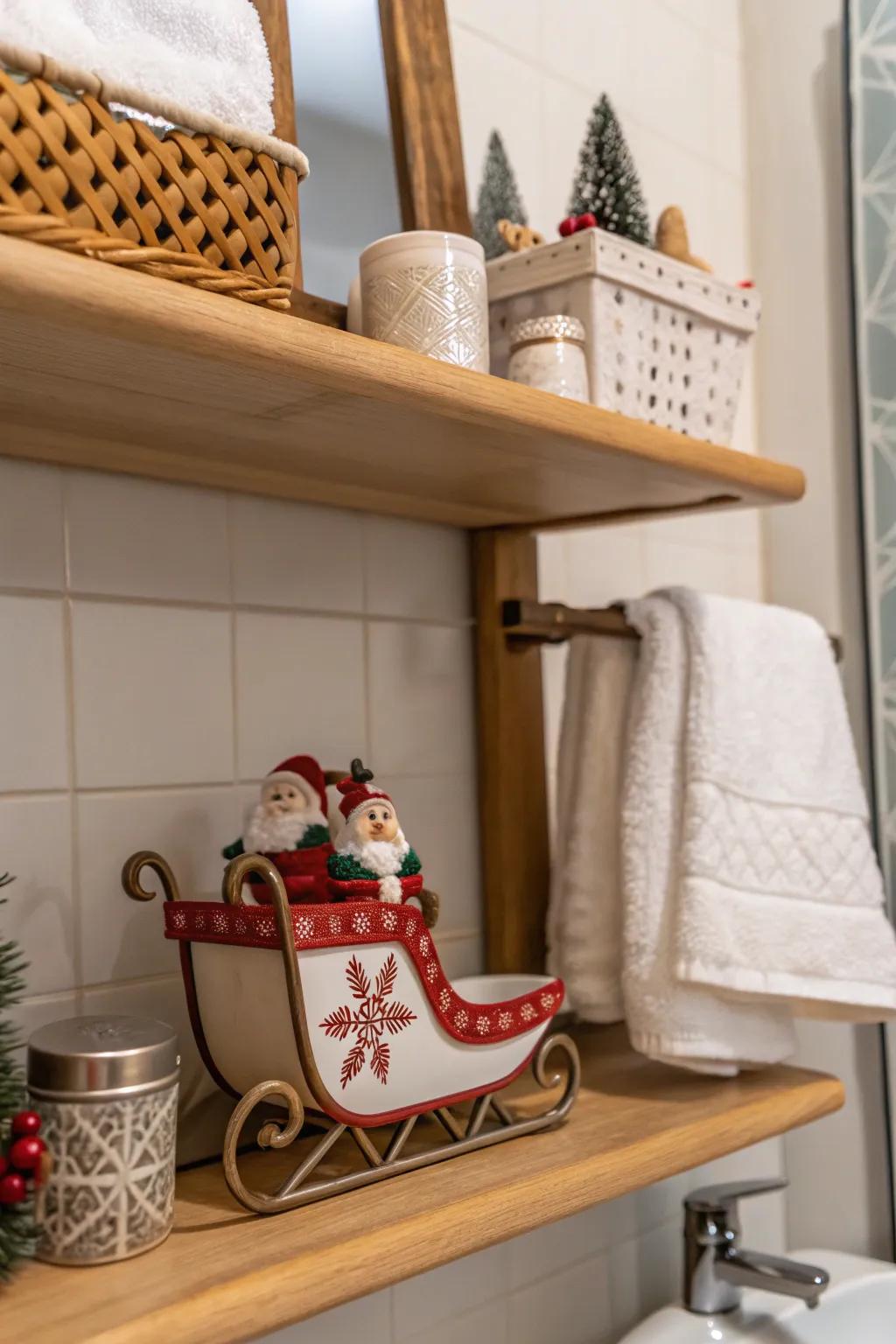 A sleigh display adds a whimsical touch to this bathroom shelf.