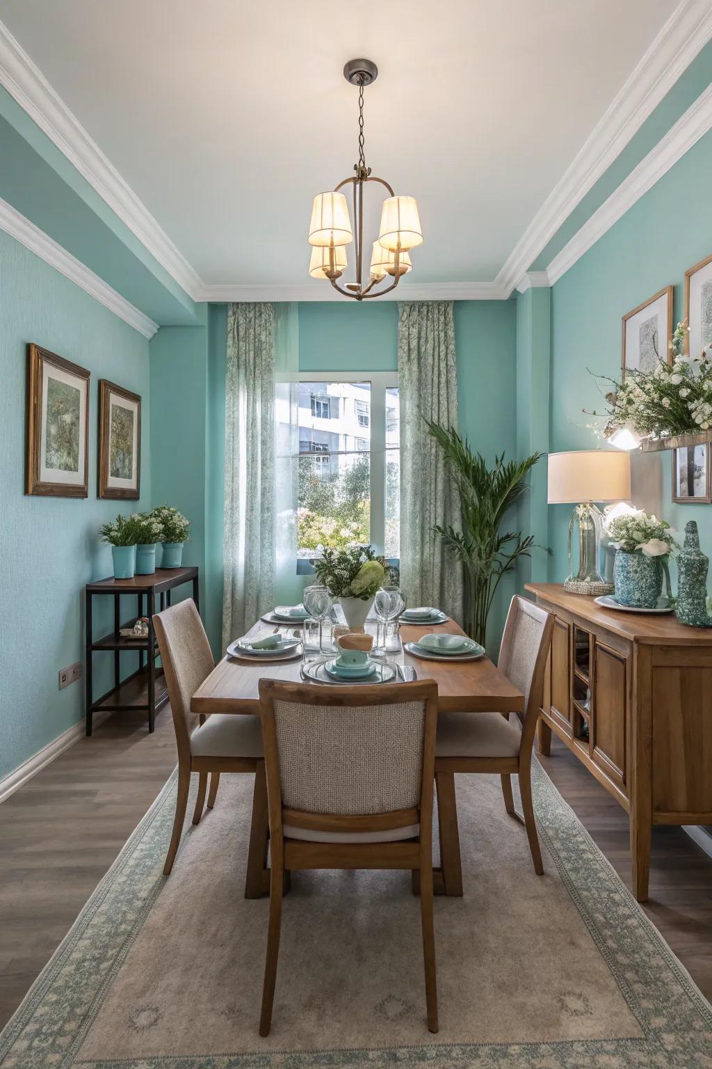 Aqua blue infuses tranquility into dining spaces.