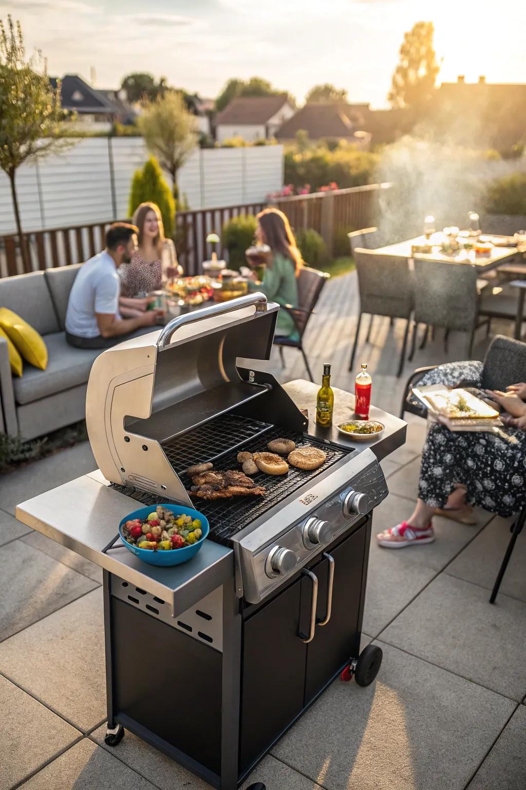 A smart BBQ grill takes center stage at a backyard cookout, delivering perfectly grilled dishes with ease.