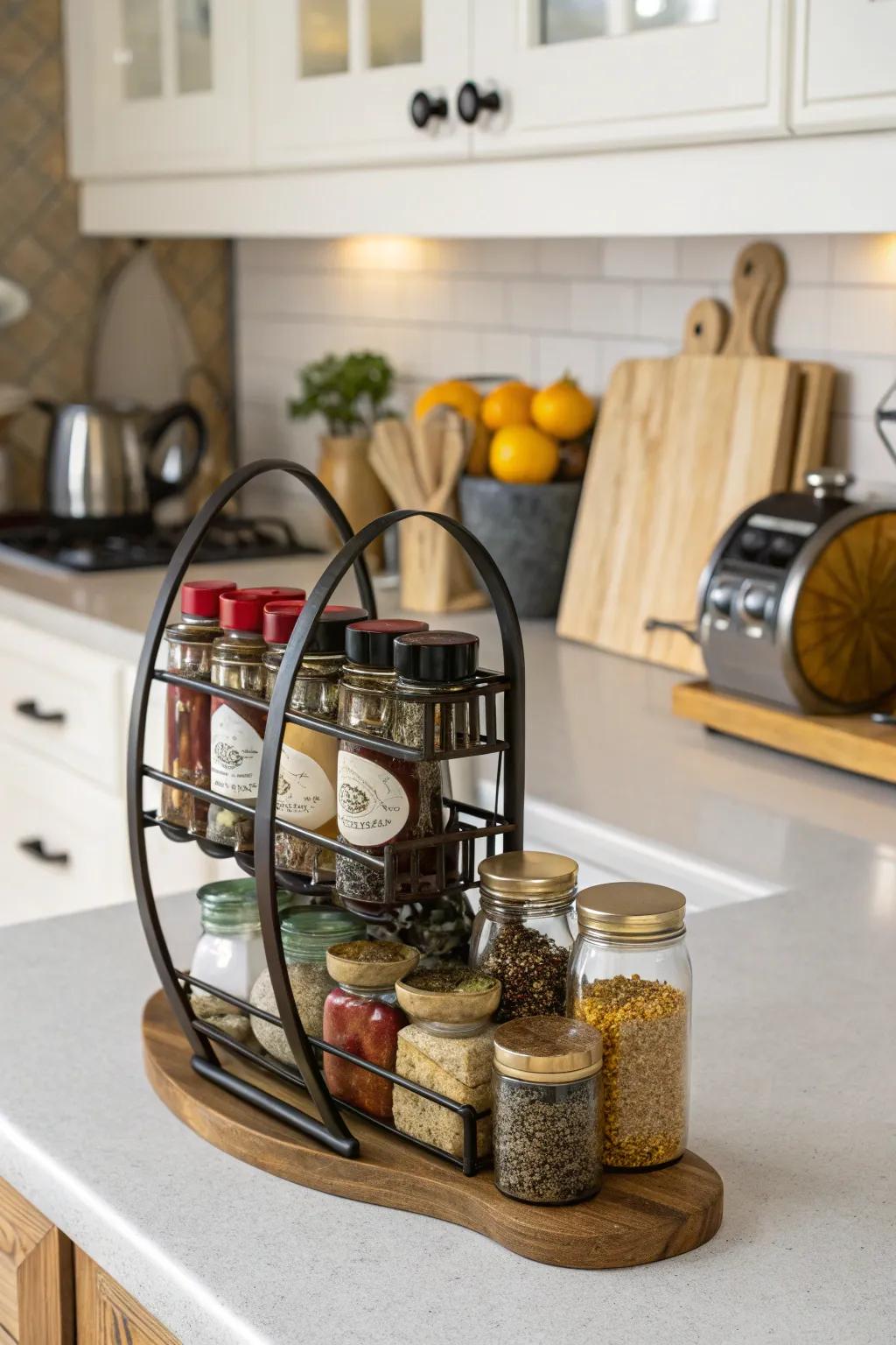 Half-moon racks for a decorative spice solution.