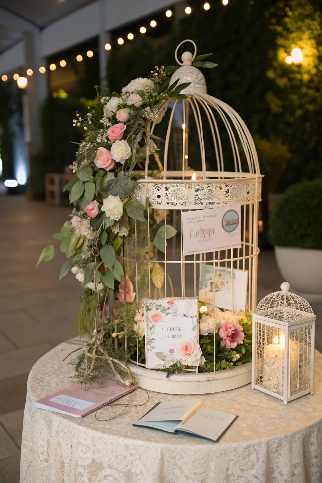 A bird cage adds romantic charm to wedding decor.