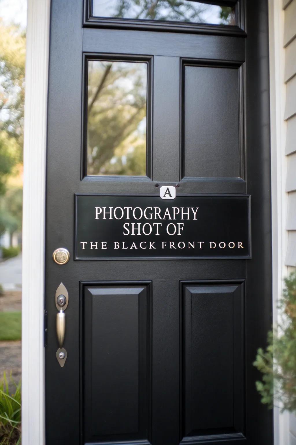 A custom address plate adding a personalized element to a black door.