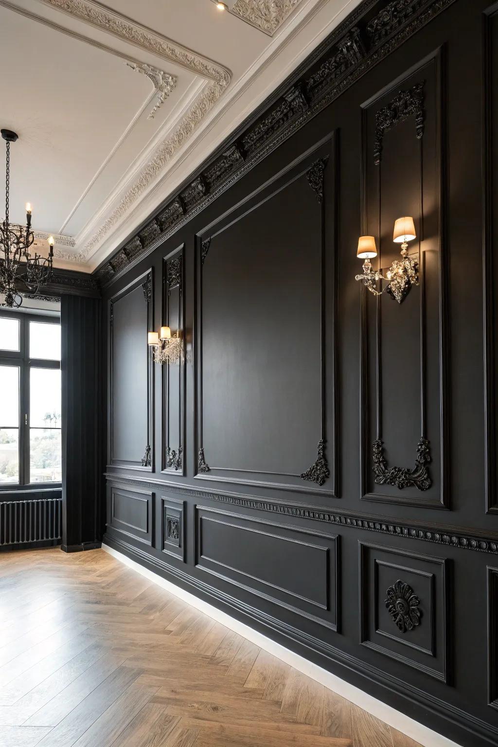 Architectural features highlighted by a black wall.