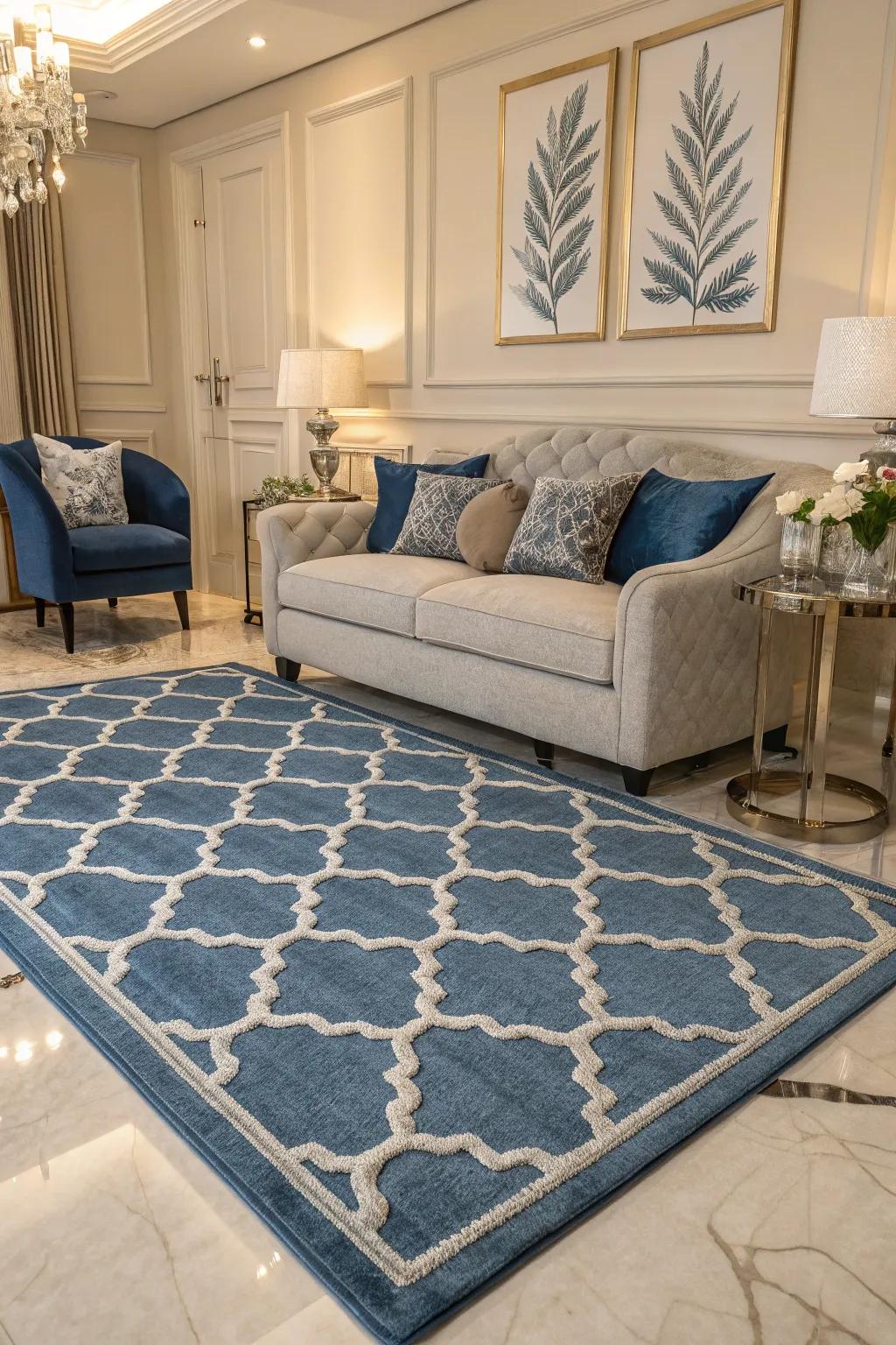 An azure and ag mat anchors this fashionable family room, serving as a visual core.