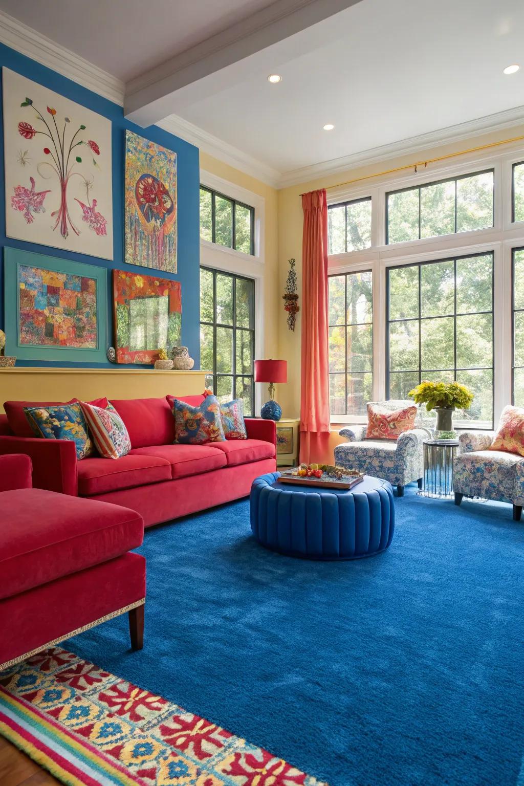 Bold colors create a striking contrast with a blue carpet, ensuring a dynamic space.