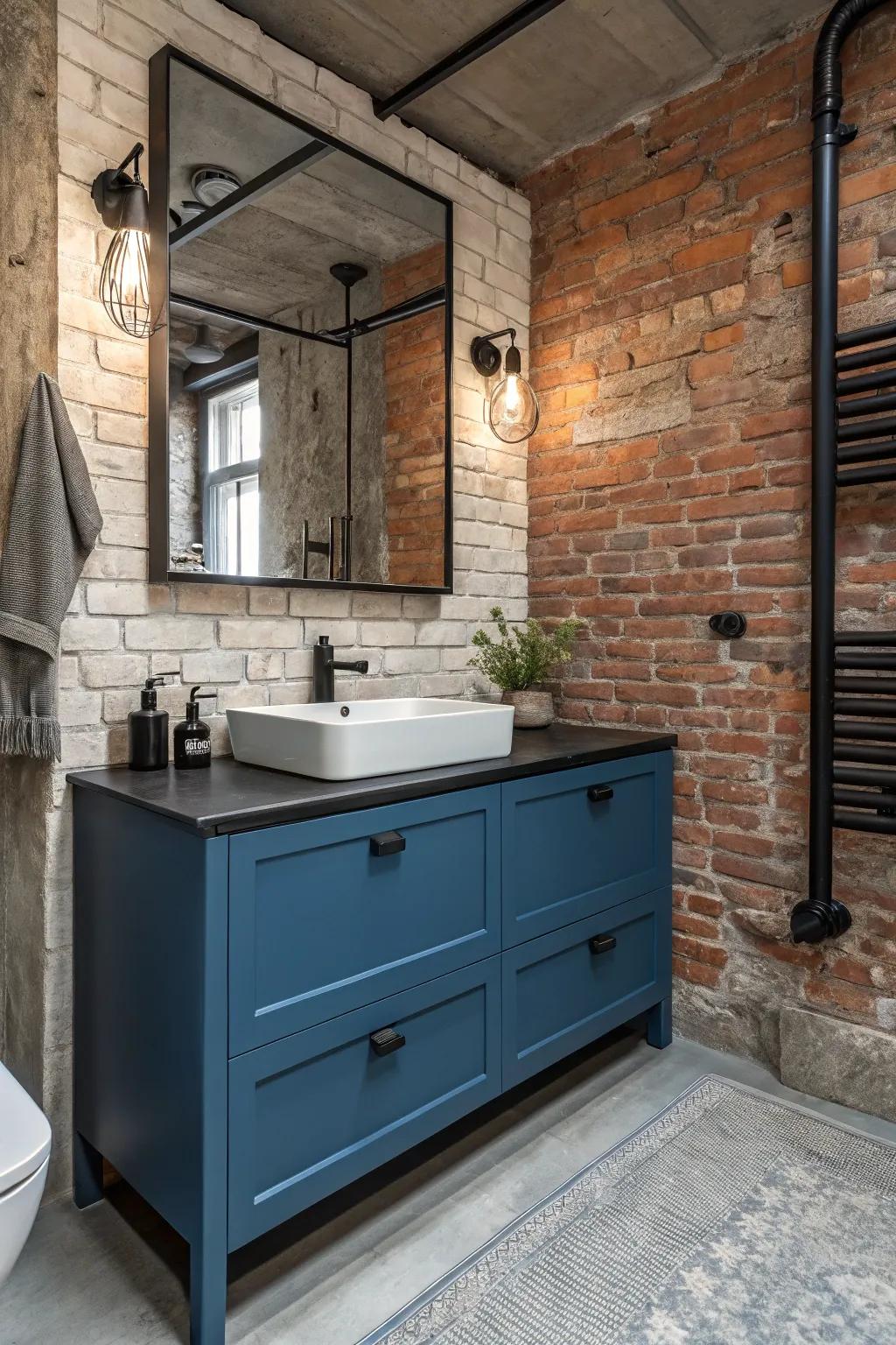 Industrial elements add an edgy touch to a blue vanity.