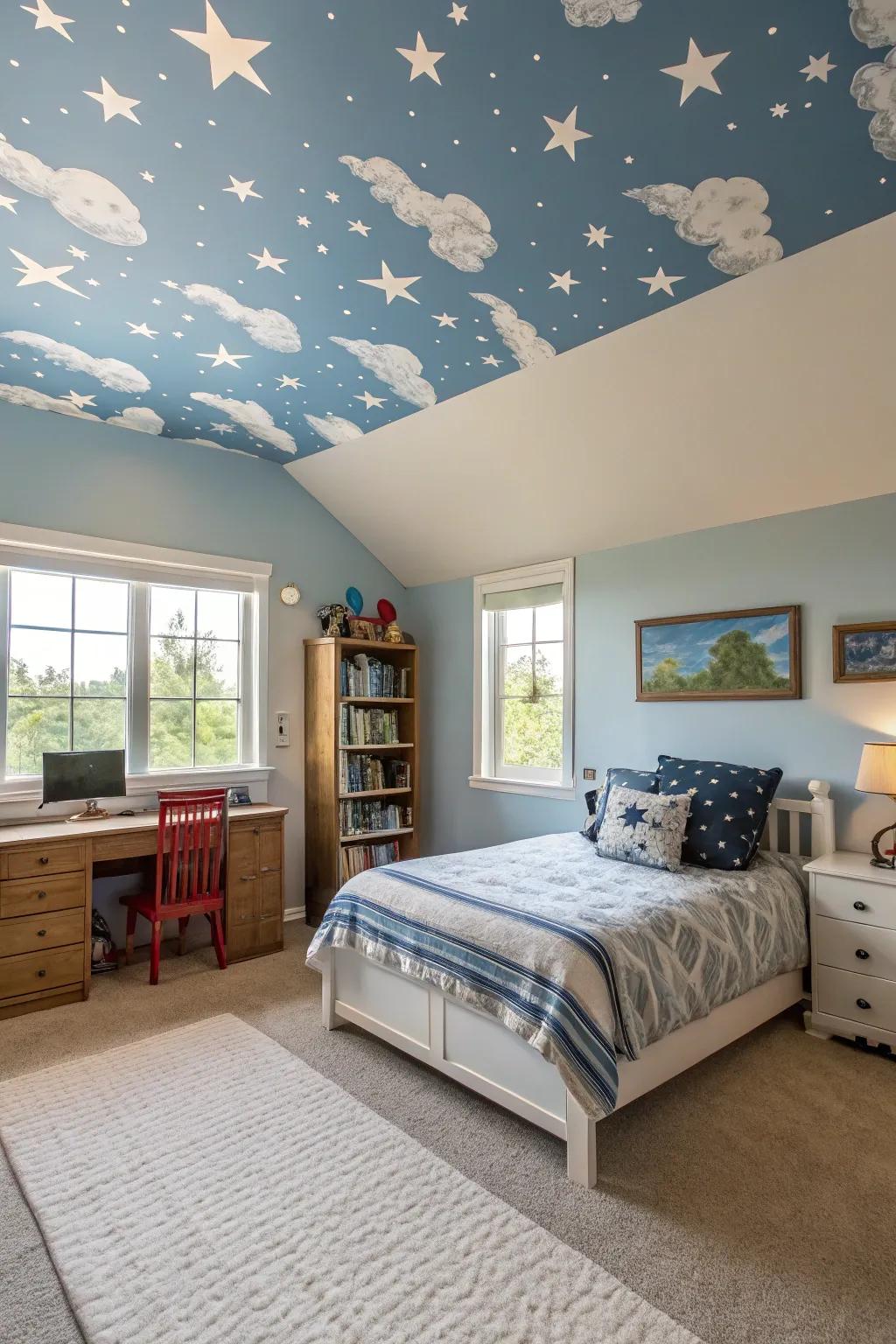 A feature ceiling adds a unique and immersive element to a boys bedroom.