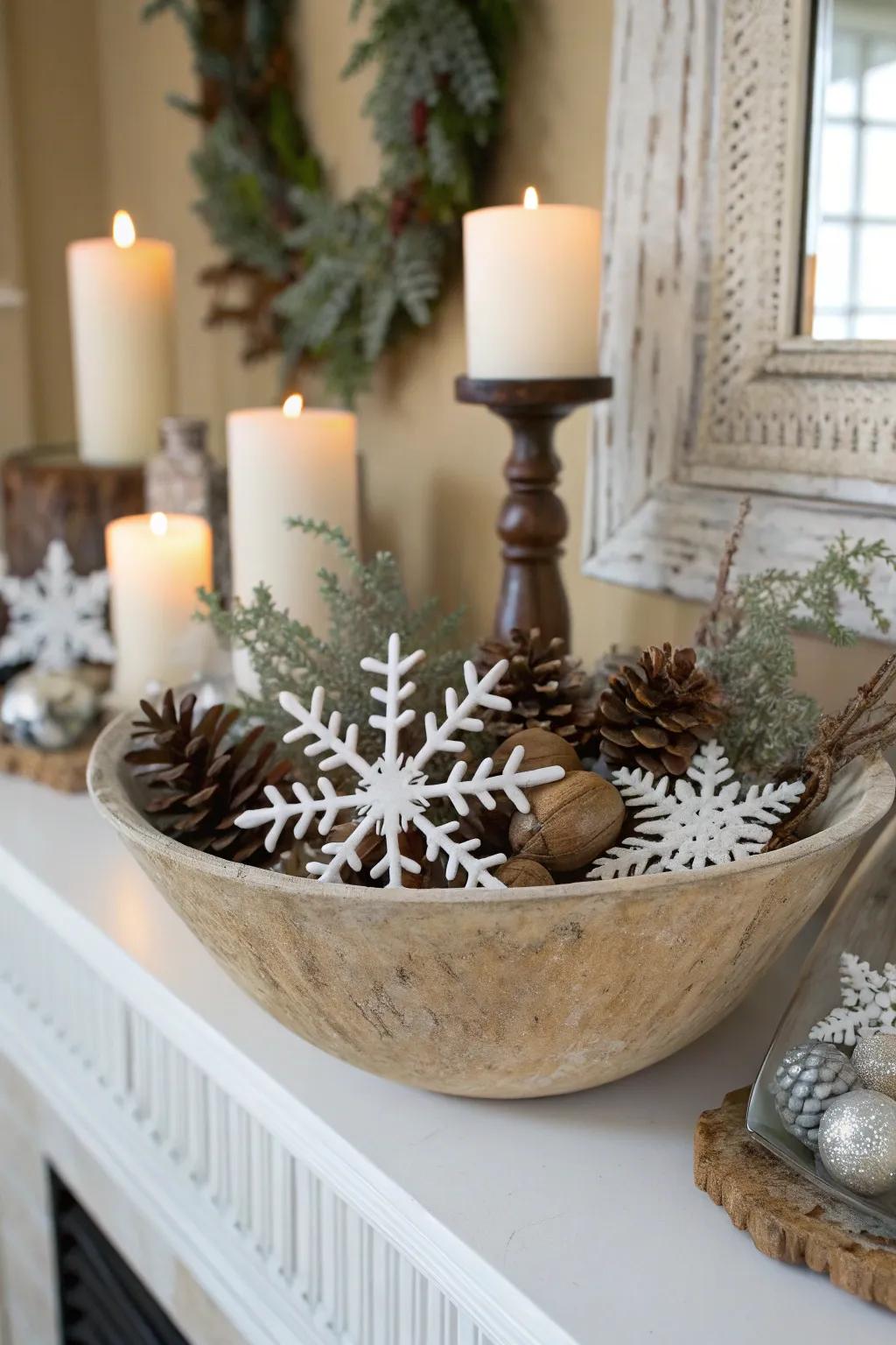 A cozy winter scene with snowflakes and twigs