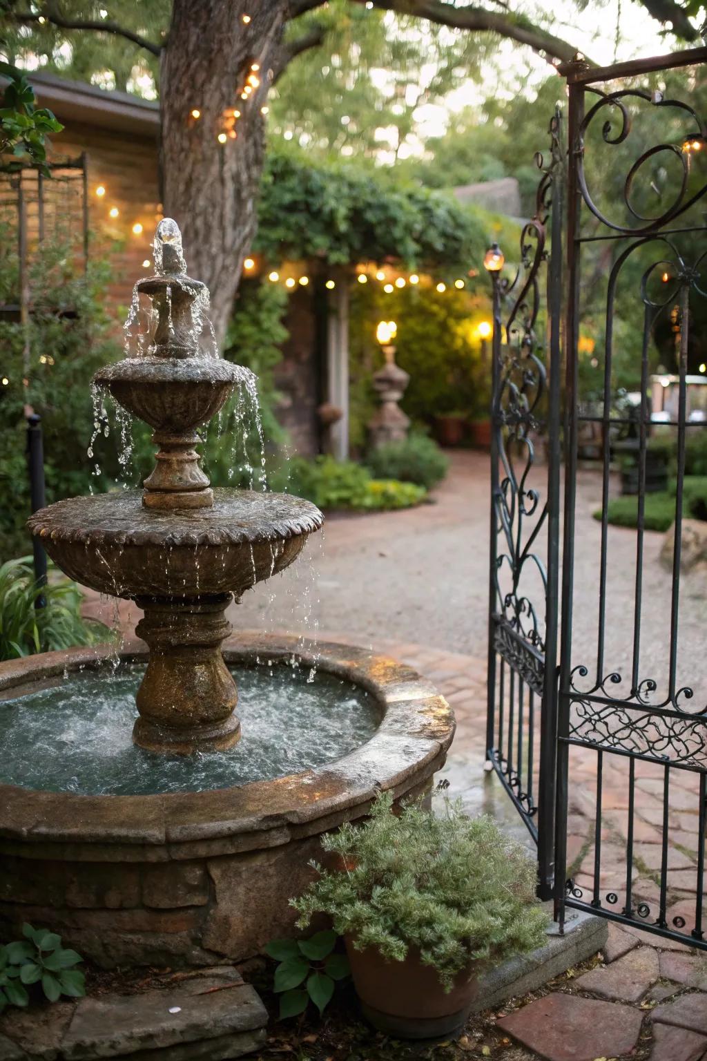 Vintage pieces bring timeless charm to this garden fountain.