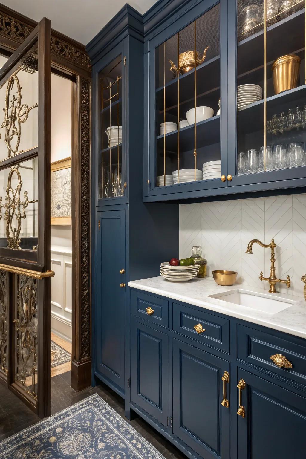 A moody color palette elevates the pantry's elegance.