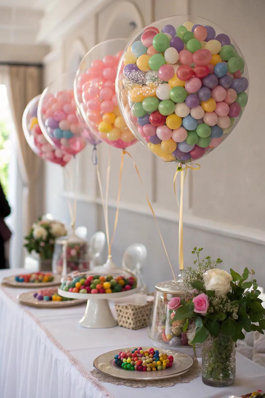 Floating candy balloons create an enchanting candyland atmosphere.