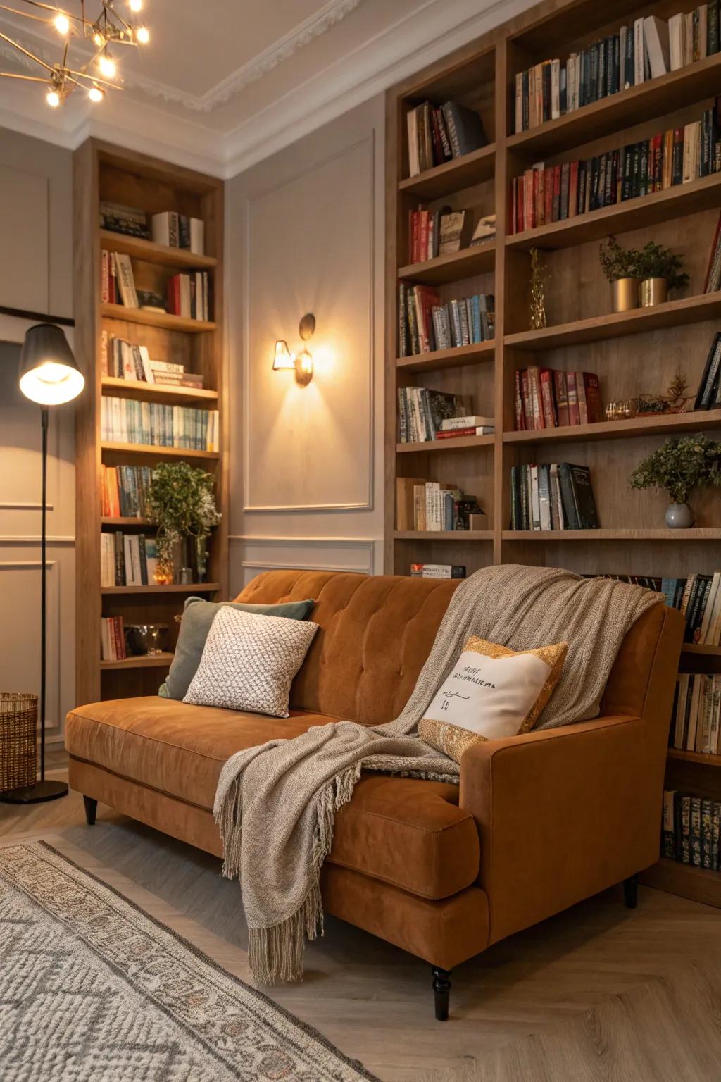 A caramel couch creates a perfect centerpiece for a cozy reading nook.