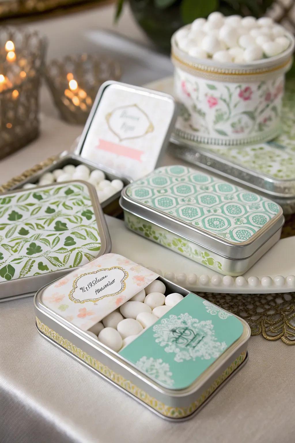 Personalized mint tins offer a refreshing and memorable wedding favor.