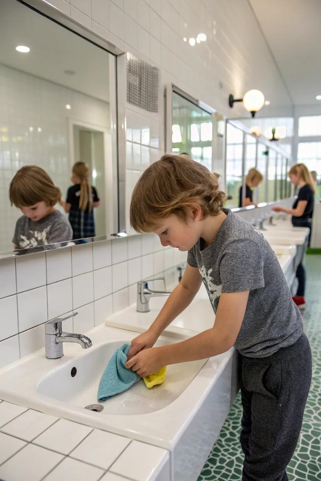 A child helping to maintain a clean bathroom.