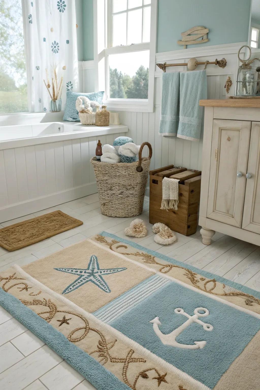 Beach-inspired rugs tie the room's coastal theme together.