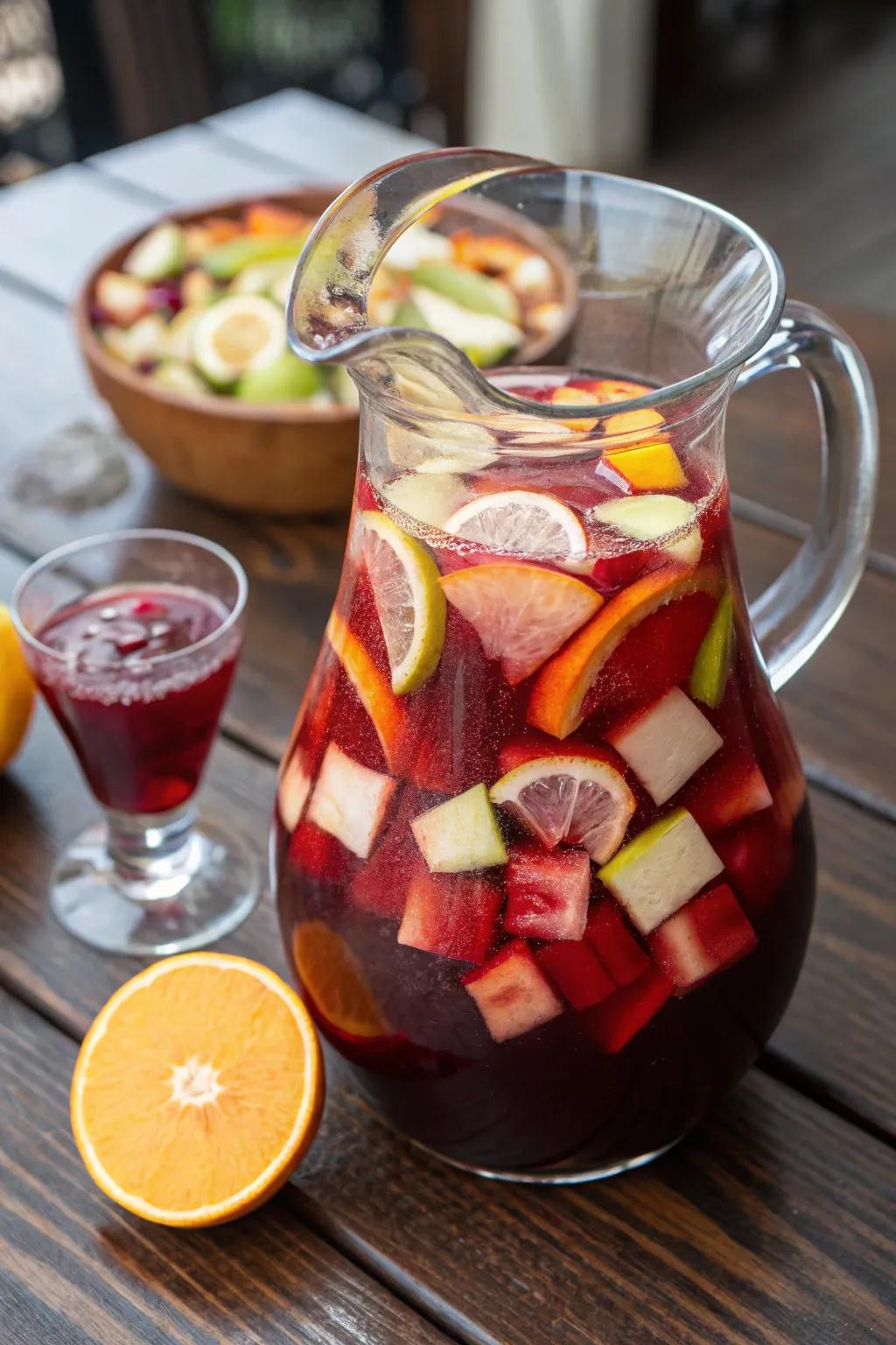 A vibrant pitcher of red wine sangria ready to be enjoyed.