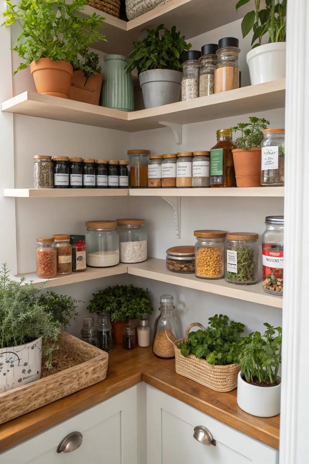 Greenery in a corner pantry for a fresh touch.