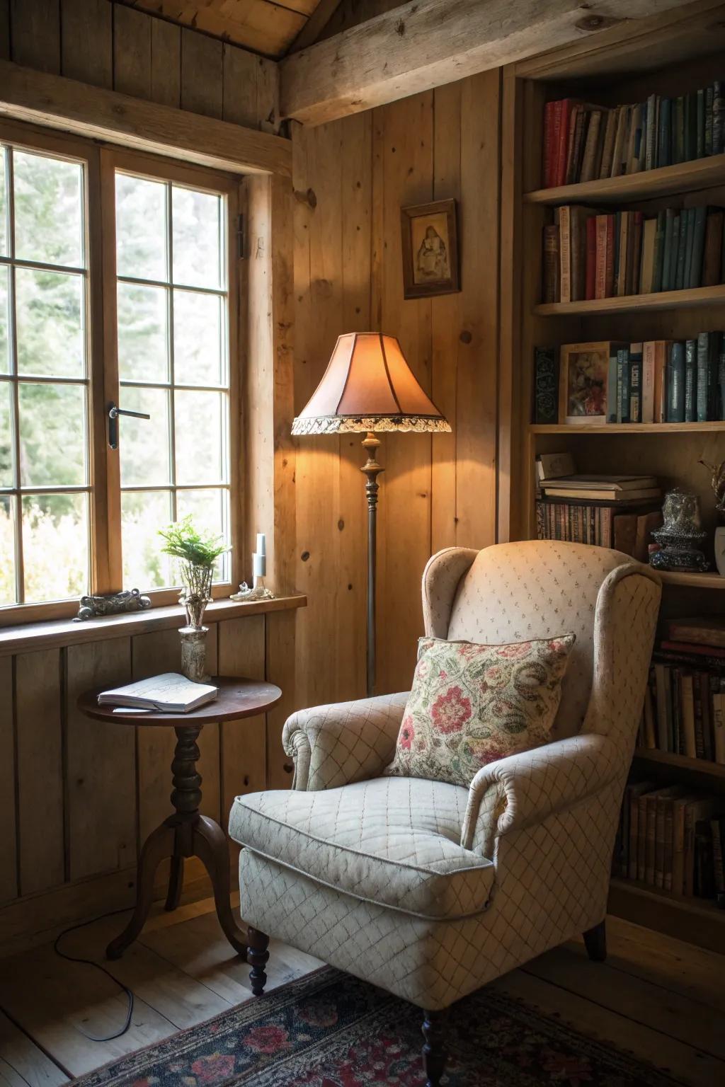 A cozy reading space in a countryside setting.