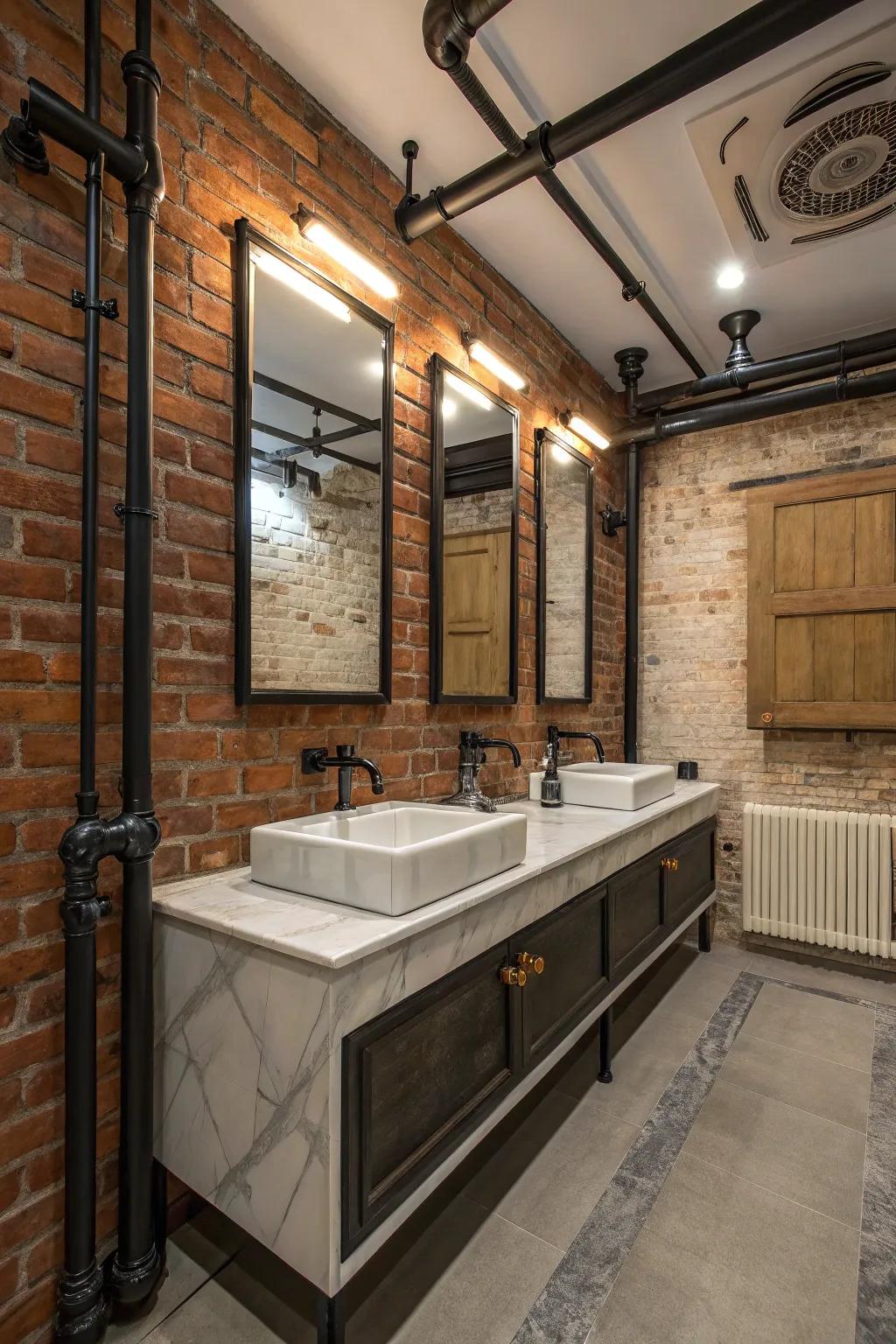 A bathroom that blends industrial elements with elegant features.