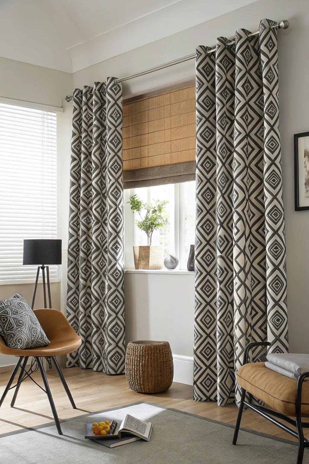 Geometrical prints render an up-to-date spin atop blinds.