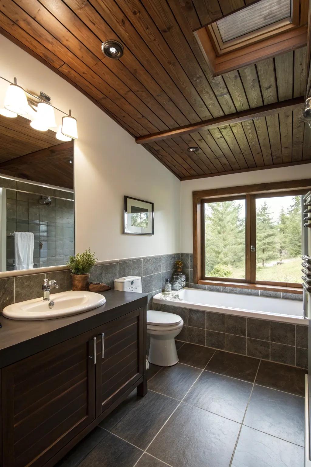 A dark wood accent ceiling adds an unexpected twist to this bathroom.