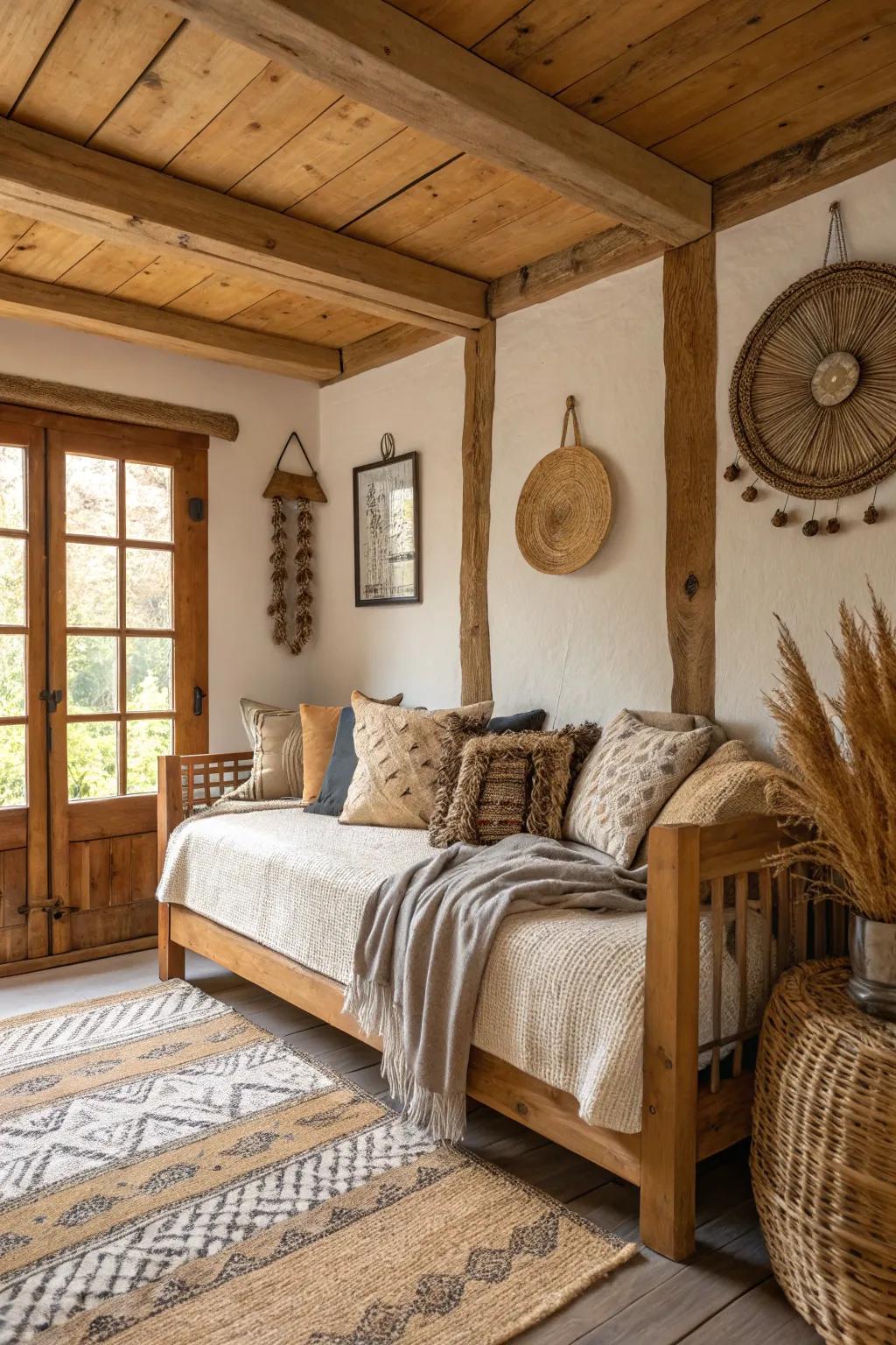 A rustic daybed setup that embraces natural materials and simple elegance.