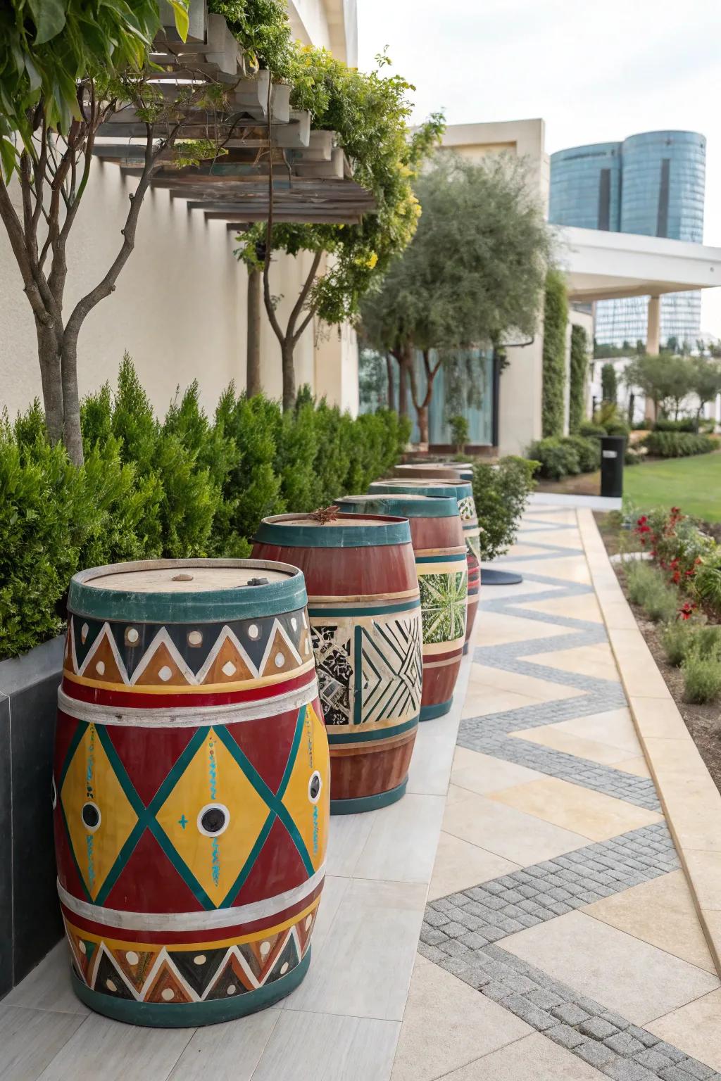 Geometric pattern painted barrels