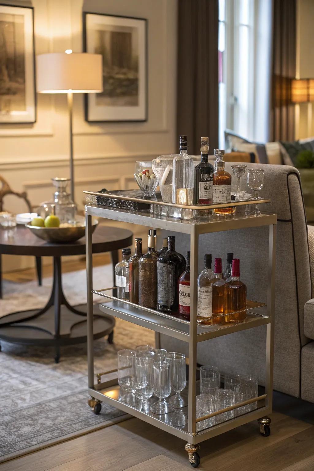 A bar cart adds sophistication and function.